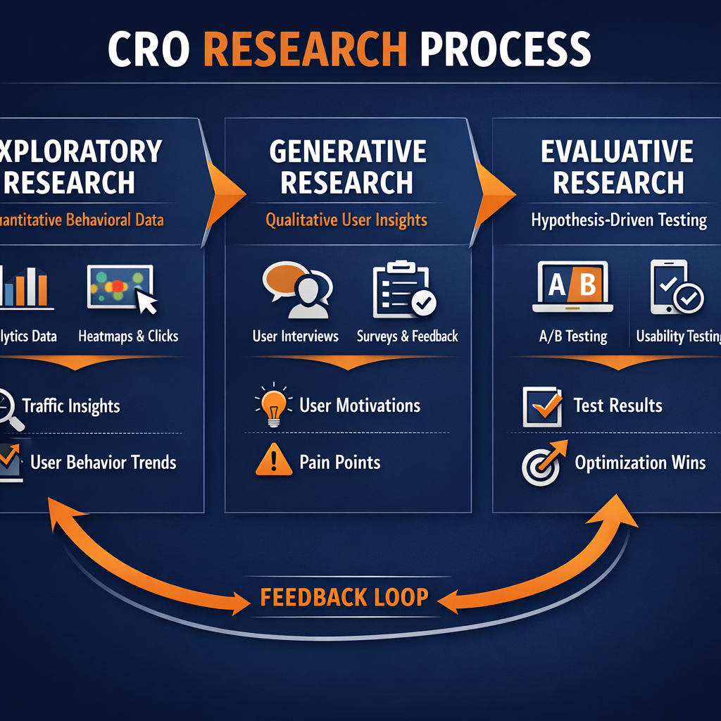 A clean process flow diagram showing the three-stage CRO research sequence: Exploratory Research (quantitative behavioral data) → Generative Research (qualitative user insights) → Evaluative Research (hypothesis-driven testing). Each stage should show example inputs and outputs, with arrows indicating progression and a feedback loop from evaluative back to exploratory. Use a professional dark blue and orange color scheme consistent with a data-driven agency context.
