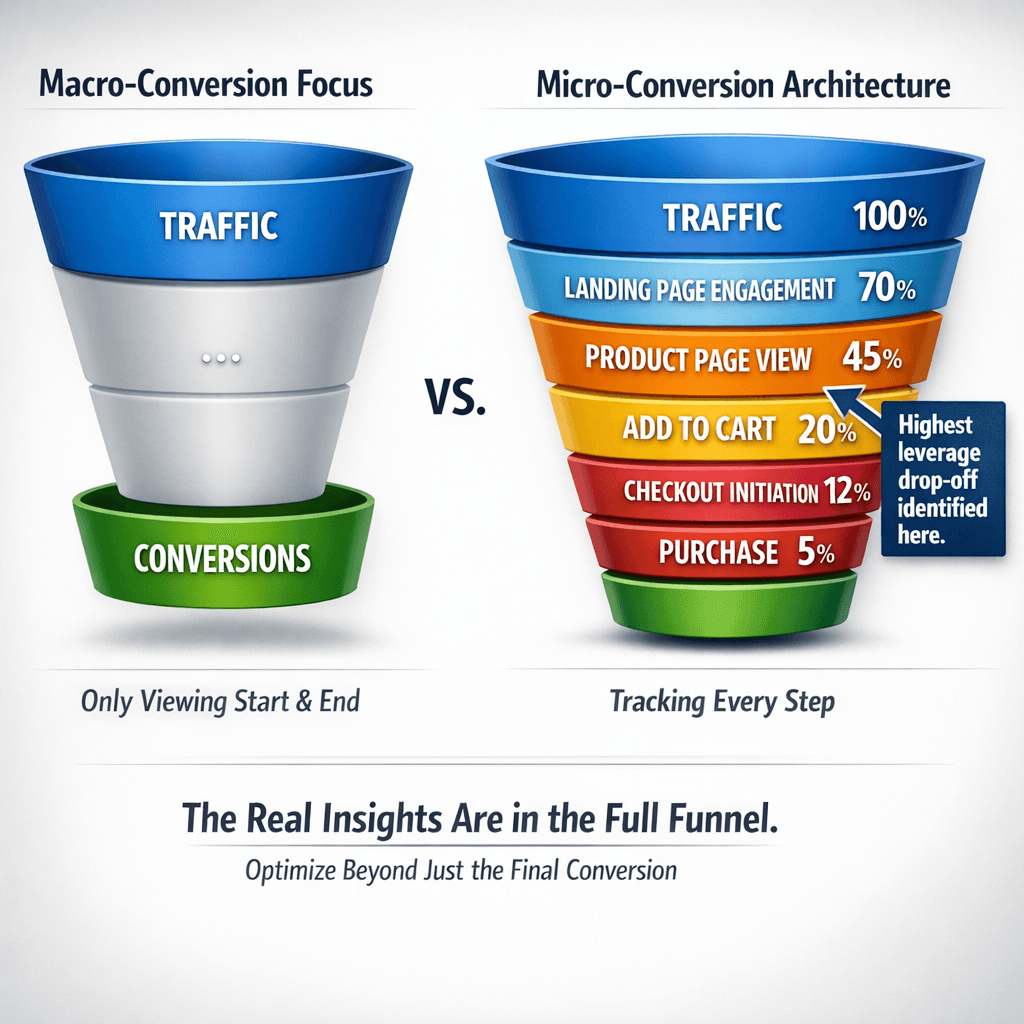 A side-by-side comparison visual showing two funnel diagrams. The left funnel is labelled "Macro-Conversion Focus" and shows only the top (traffic) and bottom (conversion) stages highlighted, with the middle stages greyed out. The right funnel is labelled "Micro-Conversion Architecture" and shows every individual stage — traffic, landing page engagement, product page view, add to cart, checkout initiation, purchase — each with a completion percentage annotated. The right funnel has an arrow pointing to the product page to cart step with a callout reading "Highest leverage drop-off identified here." The visual illustrates why measuring every funnel stage, not just the final conversion, is where the most actionable optimisation data lives.