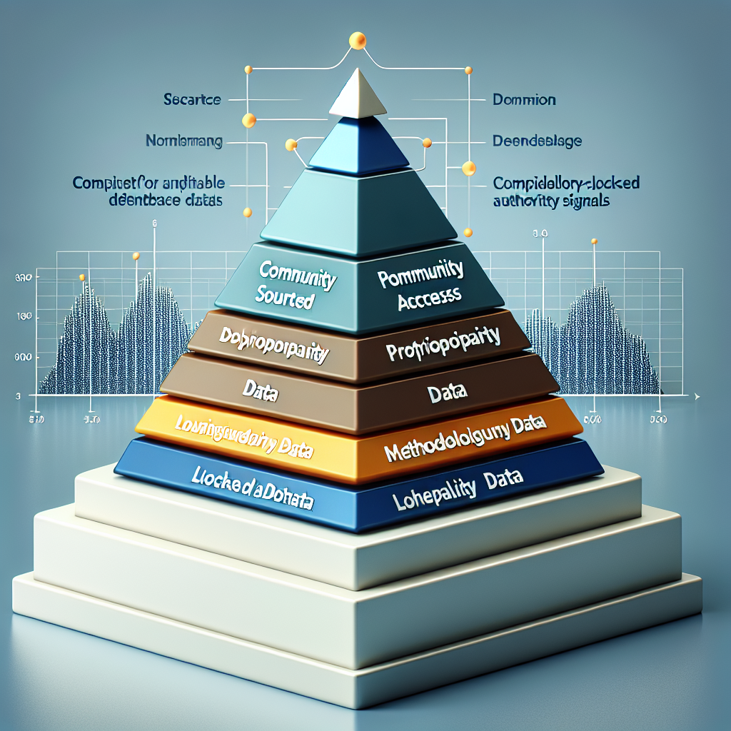 A layered pyramid diagram illustrating the four data moat types from base to apex — Community-Sourced, Proprietary Access, Longitudinal, and Methodology-Locked — with annotations showing increasing competitive defensibility and compounding authority signals at each level