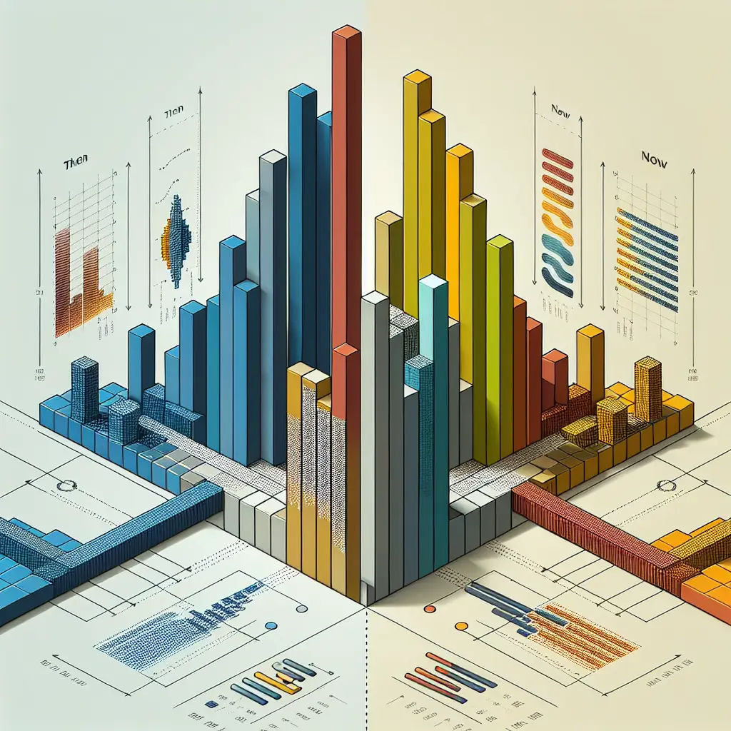 A text-free conceptual diagram using a vertical bar chart made of colored blocks — no numbers, no labels — where bar heights visually represent the relative shift in importance of different ranking factor categories between two time periods, using two distinct colors to contrast then vs. now.