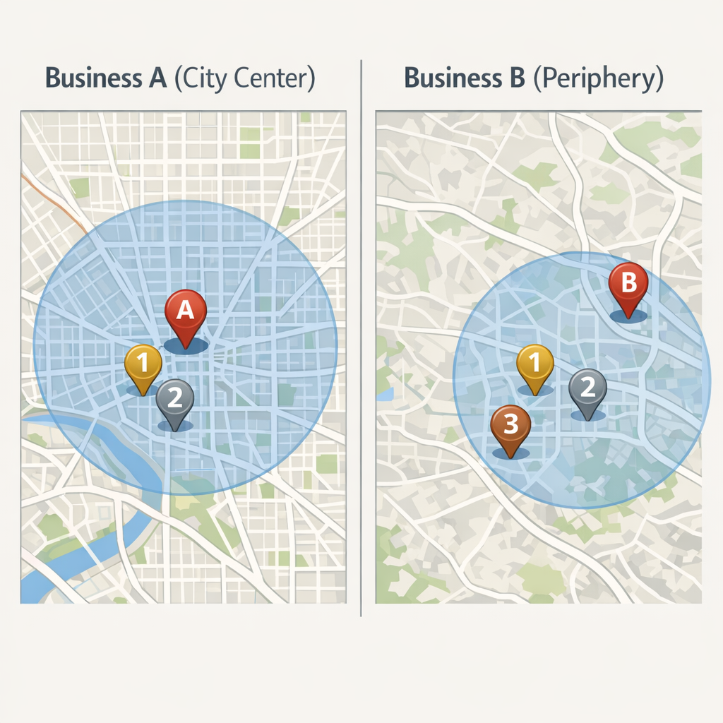 A side-by-side map visualization showing two identical businesses — one positioned near the geographic center of a city and one on the periphery — with map pack result positions overlaid to illustrate centroid bias. The image should use a clean, minimal style with a neutral city grid map and highlighted radius circles showing each business's proximity advantage zone. No text overlay needed beyond simple labels identifying "Business A (City Center)" and "Business B (Periphery)" with their respective map pack positions shown numerically.