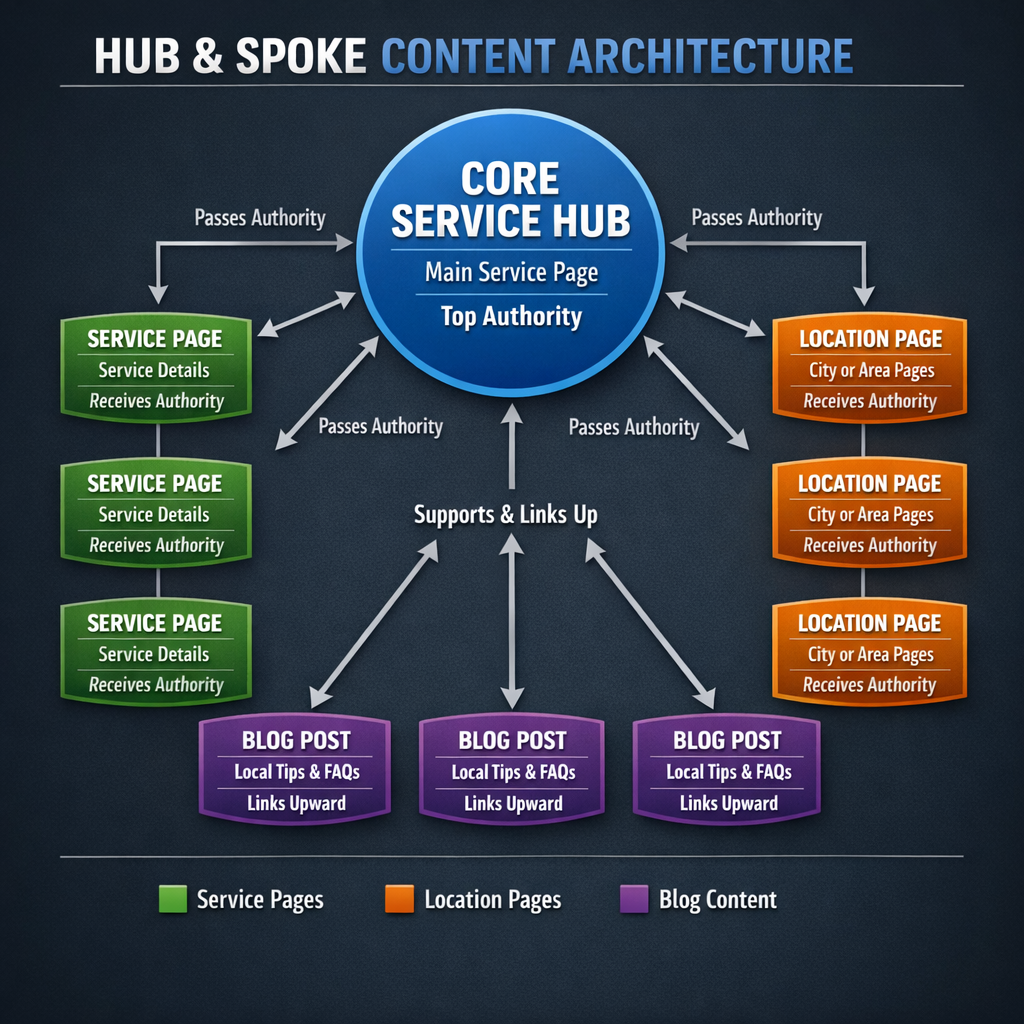 A clean diagram showing a hub-and-spoke content architecture for a multi-service local business: a central "core service hub" page at the top, with spokes connecting to individual service detail pages, location-specific pages, and supporting blog content addressing local informational queries. Each node in the diagram is labeled with its content role and how it passes authority to adjacent nodes. The visual should be presented as a structured site architecture map on a dark background with color-coded node types.