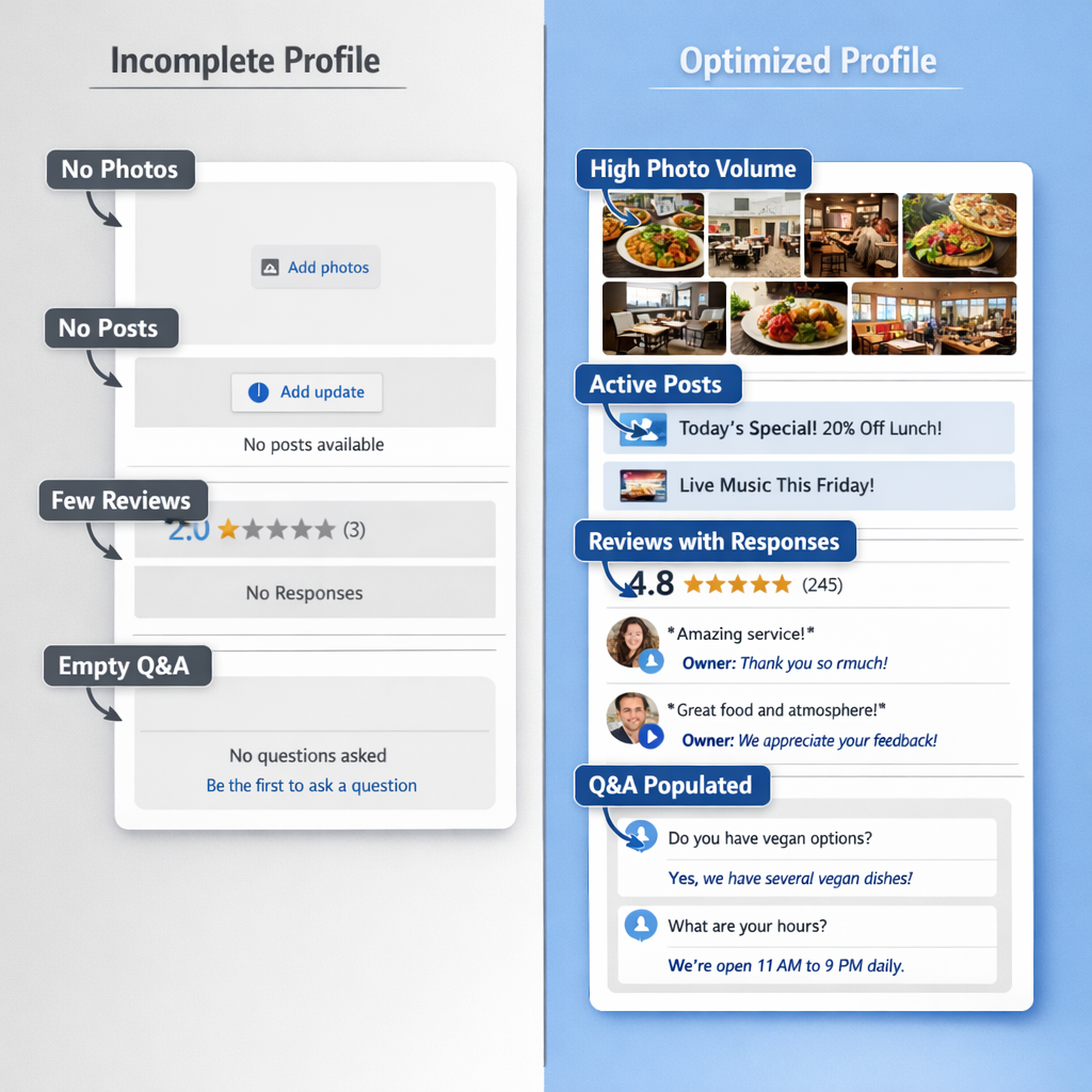 A side-by-side split-screen screenshot mockup showing two different local business Google Business Profiles — one sparse and incomplete (missing photos, no posts, few reviews, empty Q&A), and one fully optimized (rich photo gallery, active posts, strong review count with responses, complete Q&A section). Labels should highlight the specific elements that differ, with annotations pointing to GBP engagement signals like "Active Posts," "Q&A Populated," "Reviews with Responses," and "High Photo Volume." Clean, professional visual design suitable for a digital marketing agency blog.