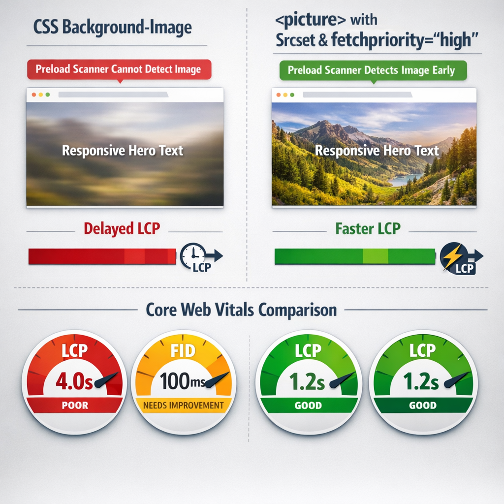 A split-screen diagram showing two implementations of a responsive hero image: on the left, a CSS background-image approach with a label indicating the preload scanner cannot detect it and a delayed LCP timeline; on the right, a picture element with srcset and fetchpriority="high" with a label showing early preload scanner detection and a faster LCP timeline. Below both implementations, show a simplified Core Web Vitals score comparison illustrating the performance difference between the two approaches.