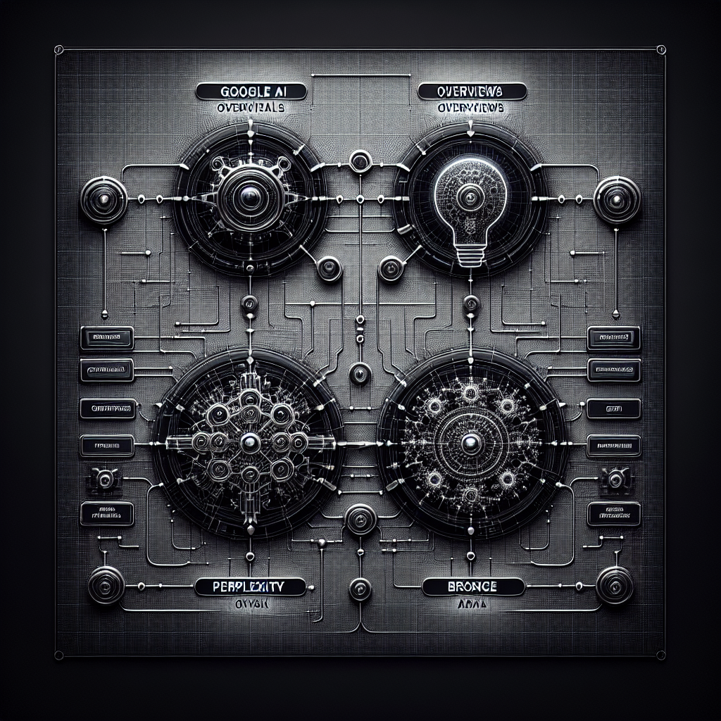 A comparison diagram showing three AI search engines (Google AI Overviews, Perplexity, ChatGPT with Browse) with their respective retrieval mechanisms illustrated as flowcharts, using a clean dark-background technical aesthetic