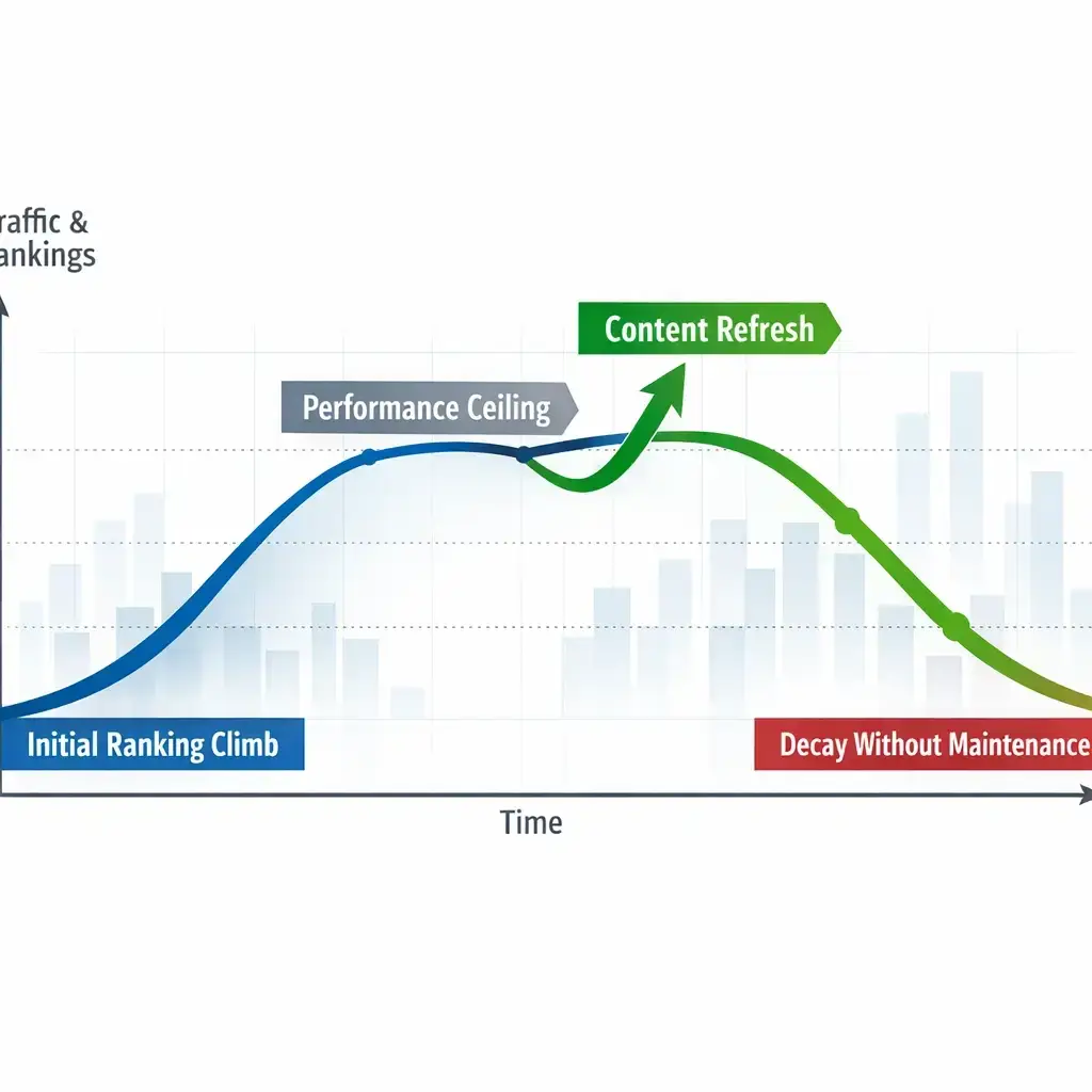 A clean, professional diagram showing a timeline graph with three phases of content performance: an upward curve labeled "Initial Ranking Climb," a flat plateau labeled "Performance Ceiling," and a gradual downward slope labeled "Decay Without Maintenance." A second upward arrow at the plateau stage shows the impact of a "Content Refresh," lifting the line back into growth. The visual should feel analytical and data-oriented, suitable for a digital marketing agency blog.