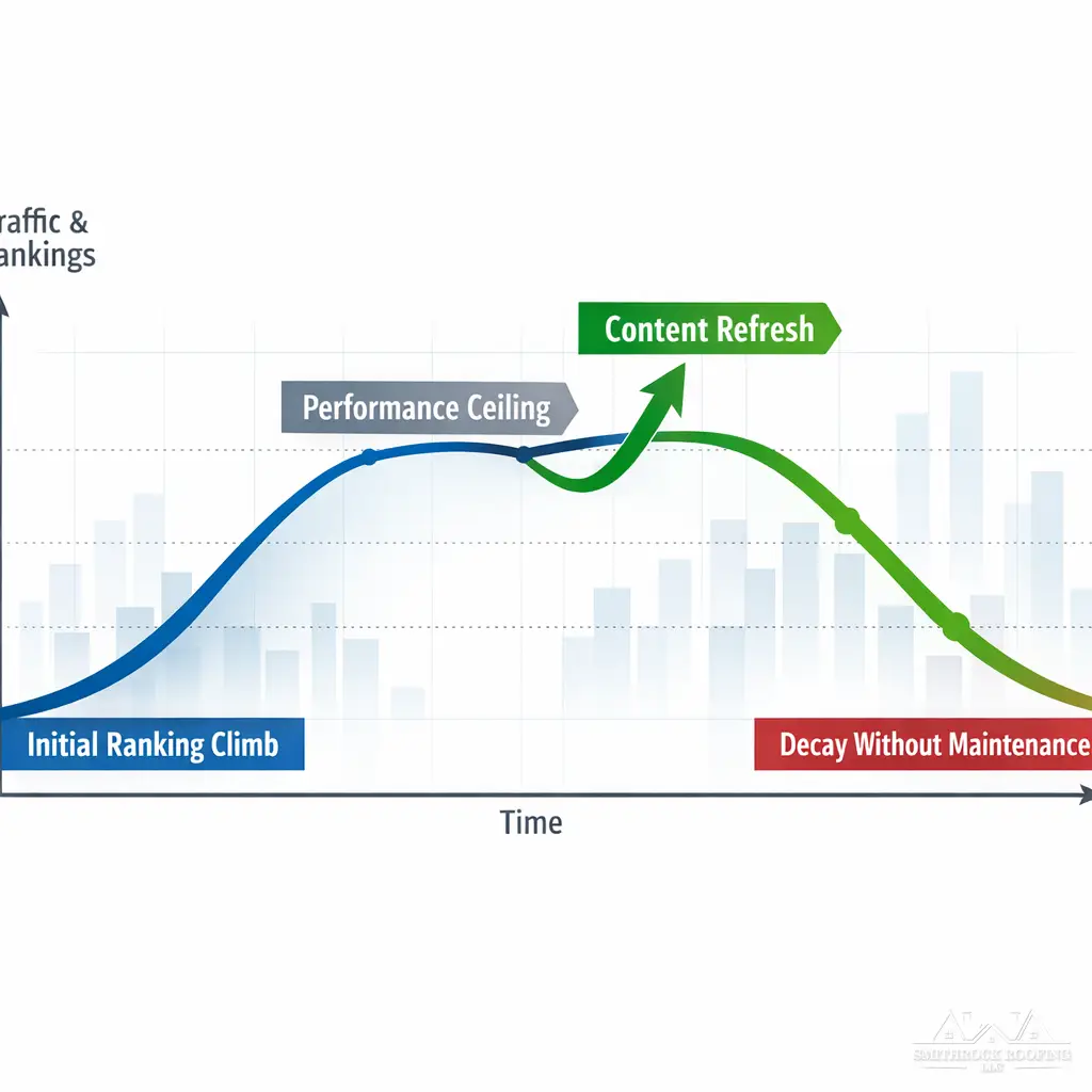 A clean, professional diagram showing a timeline graph with three phases of content performance: an upward curve labeled "Initial Ranking Climb," a flat plateau labeled "Performance Ceiling," and a gradual downward slope labeled "Decay Without Maintenance." A second upward arrow at the plateau stage shows the impact of a "Content Refresh," lifting the line back into growth. The visual should feel analytical and data-oriented, suitable for a digital marketing agency blog.
