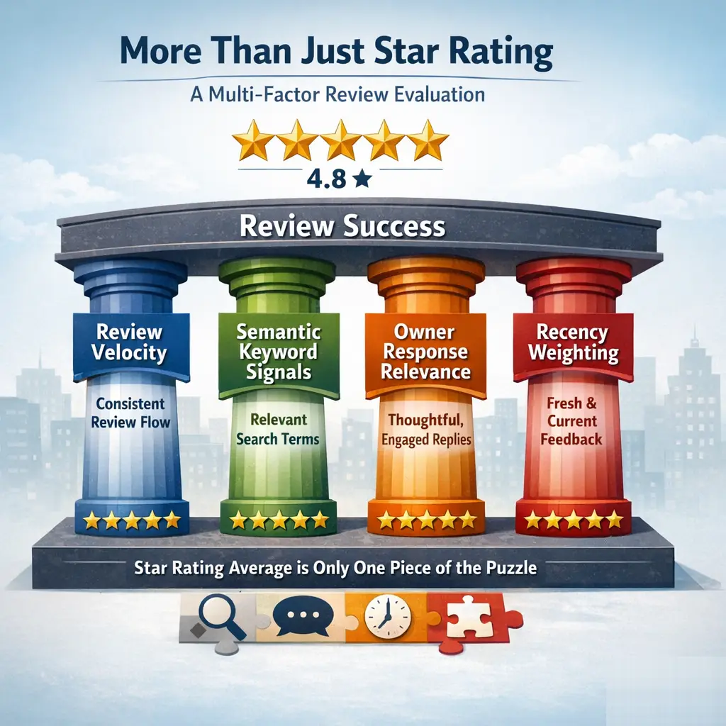 A clean, structured diagram showing four labeled pillars — "Review Velocity," "Semantic Keyword Signals," "Owner Response Relevance," and "Recency Weighting" — each with a brief descriptor beneath it. The visual should convey that star rating average is only one dimension of a multi-factor review evaluation system.