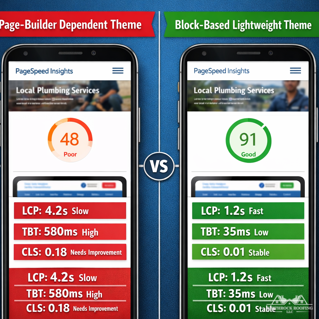 A side-by-side screenshot comparison of Google PageSpeed Insights scores — one showing a small business WordPress site built on a legacy page-builder theme scoring in the 40–55 range on mobile, and one showing a comparable block-based theme scoring 85–95 on mobile. Both sites have the same category of content (a local service business). Labels indicate "Page-Builder Dependent Theme" and "Block-Based Lightweight Theme" respectively, with key metrics LCP, TBT, and CLS highlighted for each.