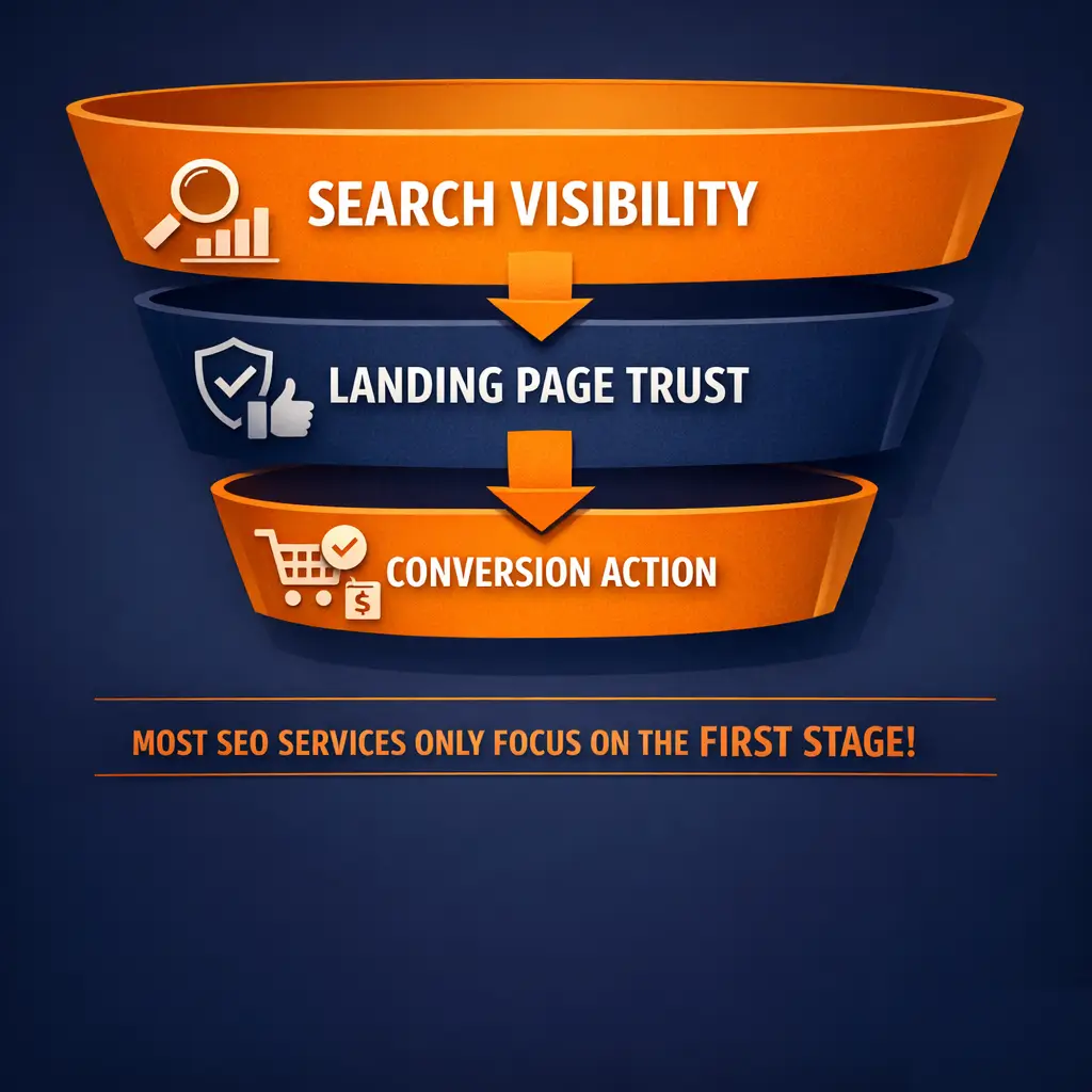 A clean, professional diagram showing three funnel stages labeled "Search Visibility," "Landing Page Trust," and "Conversion Action," with arrows connecting them and a note at the bottom indicating that most SEO services only optimize the first stage. Use a dark navy and orange color palette consistent with a results-focused digital marketing brand.