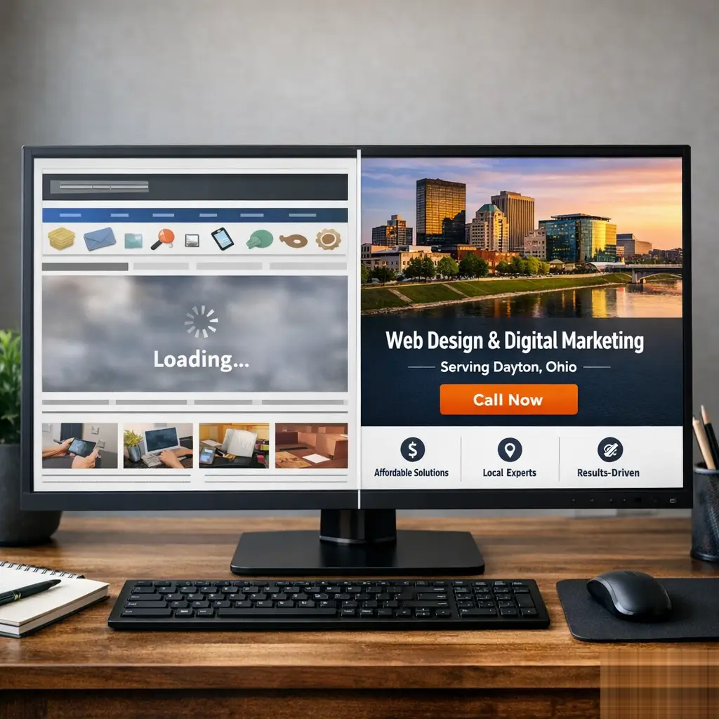 Side-by-side desktop mockup comparing a cluttered template site vs. clean professional web design in Dayton Ohio