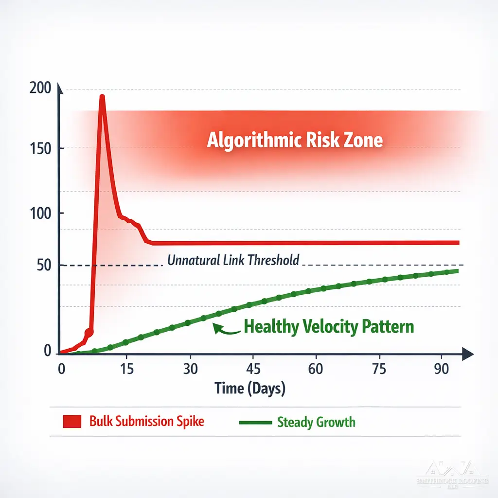 A clean, annotated line graph showing two link acquisition curves over a 90-day period — one representing a healthy, gradual bookmarking campaign with steady low-volume link growth, and one representing a bulk submission approach with a sharp spike on day one followed by a flat line. Labels should indicate "Healthy Velocity Pattern" and "Algorithmic Risk Zone" respectively, with a horizontal threshold line marking where unnatural patterns begin. Style should be professional and data-forward, consistent with a digital marketing agency's editorial content.