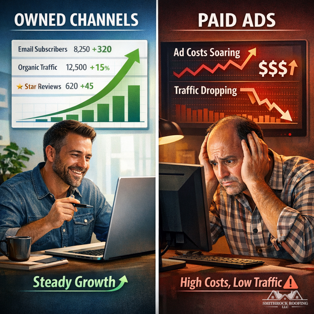 A side-by-side comparison graphic showing two small business owner scenarios — on the left, a business owner reviewing a dashboard showing multiple owned channel metrics (email subscribers, organic traffic, review count) with an upward growth trend. On the right, a business owner looking stressed at a screen showing rising paid ad costs and a sudden traffic drop. The visual should communicate the contrast between channel resilience and channel dependency, with clean, professional styling consistent with a modern marketing agency aesthetic.
