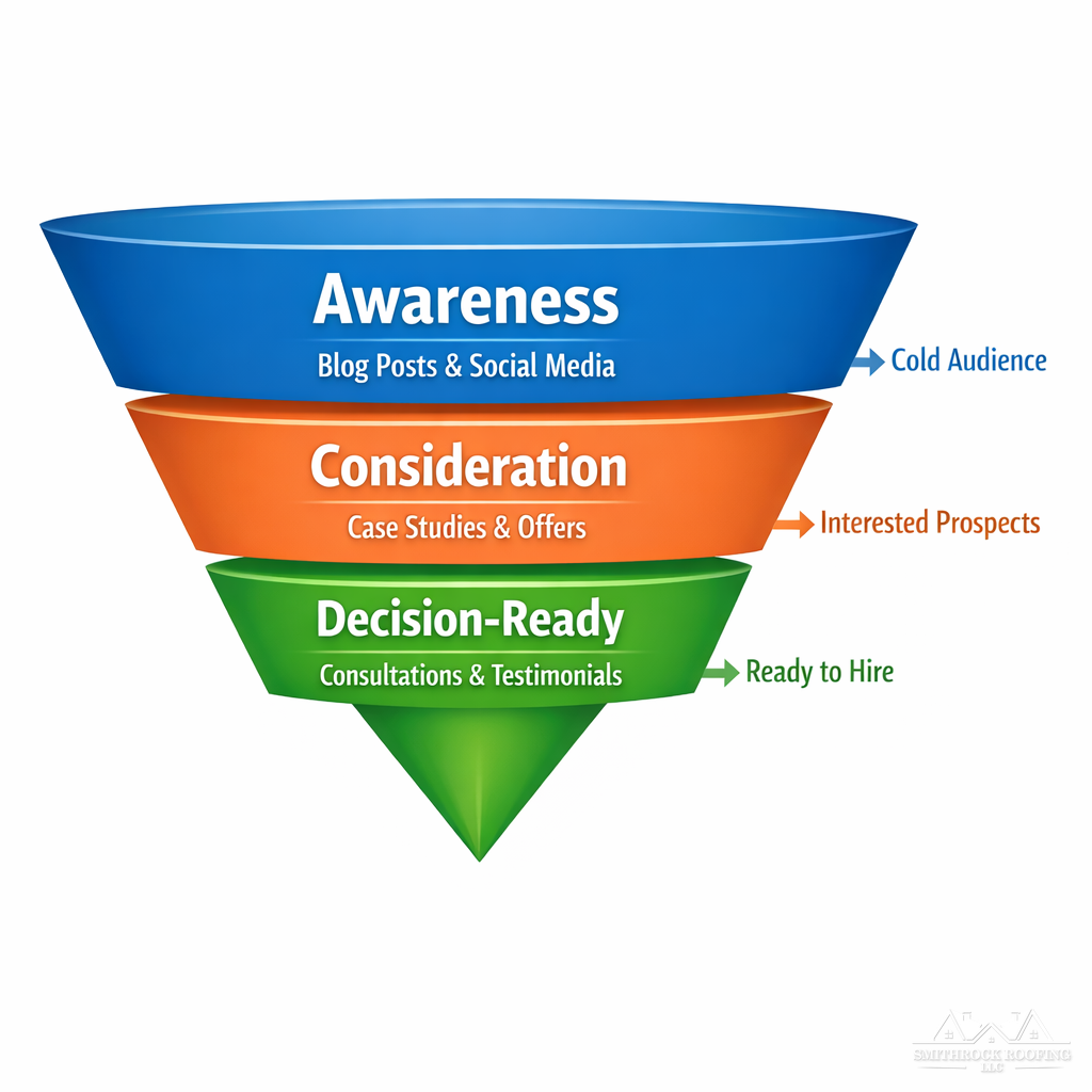 The term “funnel” isn’t used here, but “tiers” and “Conviction” are fine. However, “conversion temperature” with “cold” could evoke thermodynamics or HVAC imagery, and “conviction” strongly evokes legal/criminal contexts (a jury conviction).
Rewritten description:
“A clean horizontal diagram showing three stacked marketing funnel stages labeled ‘Awareness,’ ‘Consideration,’ and ‘Decision-Ready,’ with the widest stage at the top narrowing toward a point at the bottom like a triangle or funnel shape. Each stage includes a brief label showing content types at that level and an audience readiness indicator moving from ‘cold audience’ at the top to ‘ready to hire’ at the bottom. The overall visual should communicate that effective content strategy works at all three levels, not just the top. Style is clean business infographic, no legal or scientific imagery.”