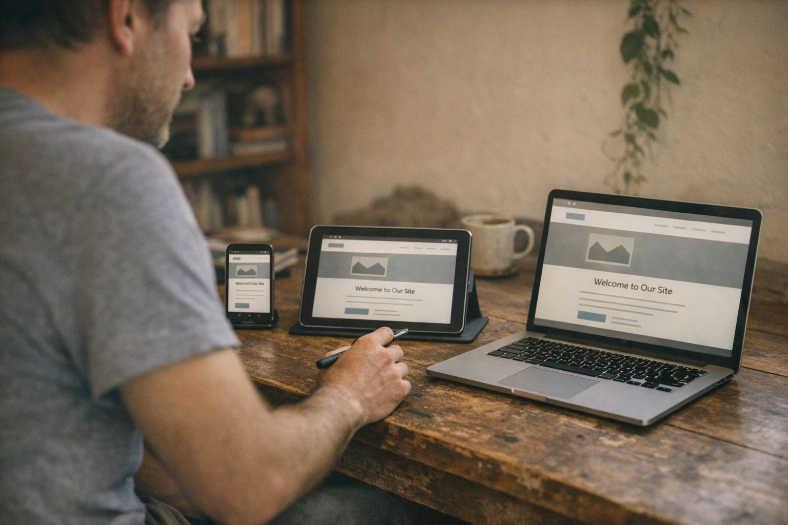 Illustration showing responsive design adapting a website layout across desktop, tablet, and mobile screens seamlessly.
