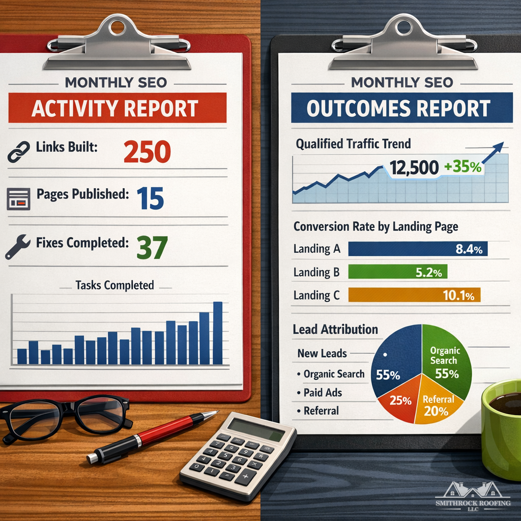 A split visual showing two contrasting monthly SEO reports side by side — one report filled only with activity metrics (links built, pages published, fixes completed) labeled "Activity Report," and one showing business outcome metrics (qualified traffic trends, conversion rate by landing page, lead attribution) labeled "Outcomes Report" — to visually communicate the difference between agencies that report on work versus agencies that report on results.