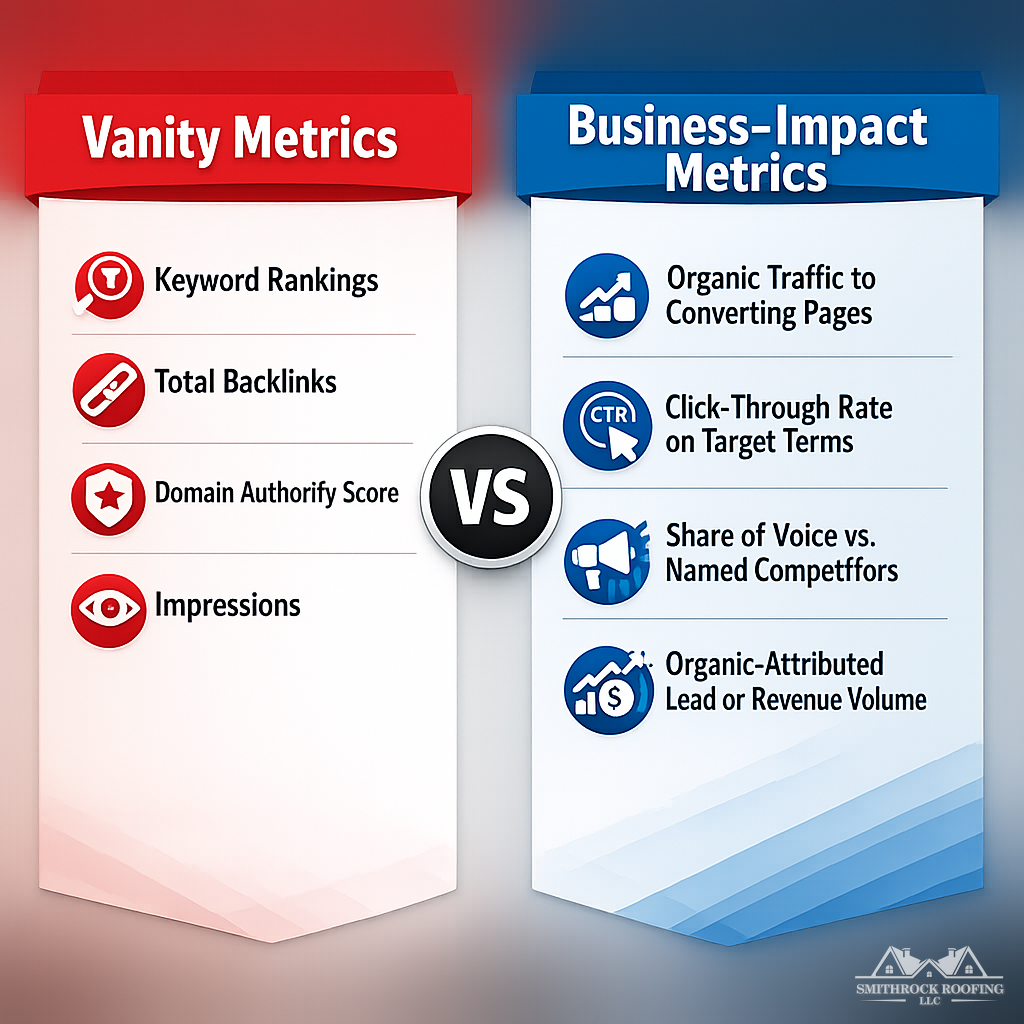 Side-by-side chart comparing vanity metrics vs. business-impact metrics to evaluate an SEO service provider.
