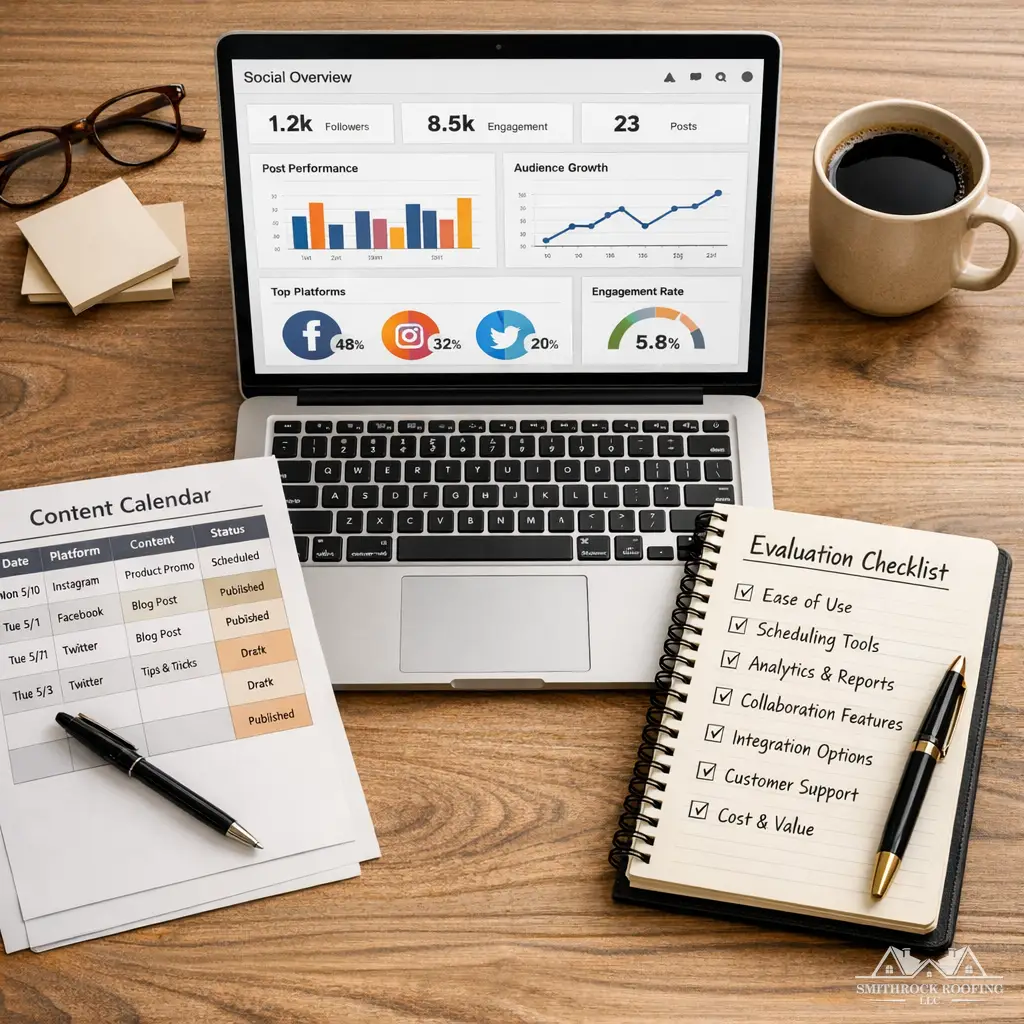 A clean, editorial-style flat-lay photograph of a desk workspace showing a laptop with a social media dashboard open, a printed content calendar, a notebook with a structured evaluation checklist, and a coffee mug. The image should feel professional and organized, conveying deliberate, strategic planning rather than casual browsing. Warm neutral tones with good contrast.