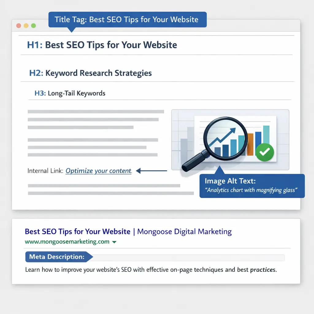 A clean, annotated screenshot of a well-optimized webpage showing the key on-page elements labeled clearly: title tag position, H2 and H3 header hierarchy, internal links within body content, image alt text on a visual element, and meta description visible in a simulated SERP snippet below the page mockup. The visual should use a neutral, professional design that works well in a digital marketing educational context.