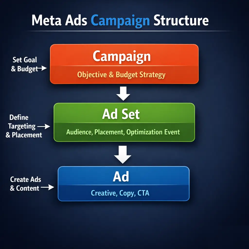 A clean annotated diagram of a Meta Ads campaign structure showing the three levels — Campaign, Ad Set, and Ad — with arrows indicating what decisions are made at each level. The Campaign level is labeled with "Objective & Budget Strategy," the Ad Set level shows "Audience, Placement, Optimization Event," and the Ad level shows "Creative, Copy, CTA." The diagram uses a dark background with clear white text and color-coded levels to make the hierarchy immediately readable.