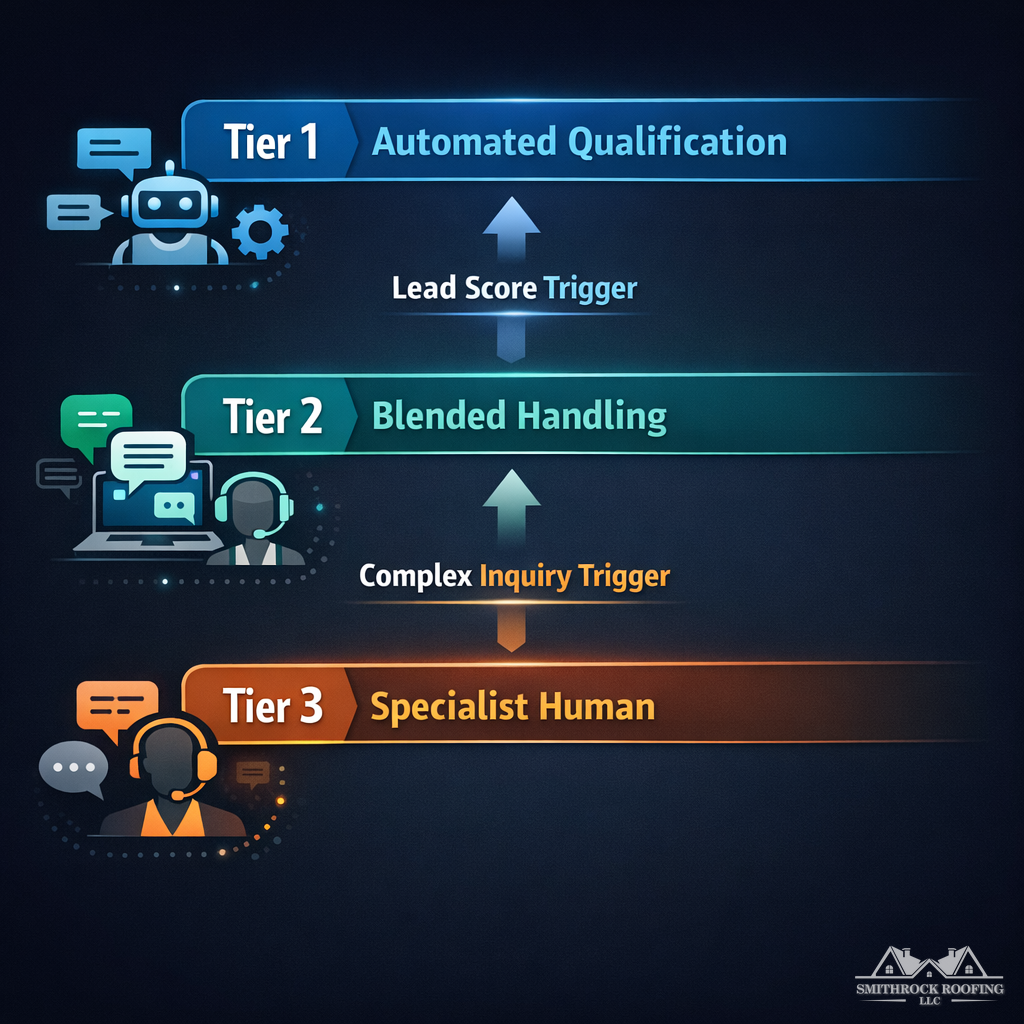 A diagram showing three horizontal tiers labeled Tier 1 (Automated Qualification), Tier 2 (Blended Handling), and Tier 3 (Specialist Human), connected by upward arrows with escalation trigger labels between each tier. The design should be clean and professional, using a dark background with white and accent-color text, suitable for embedding in a business marketing article.