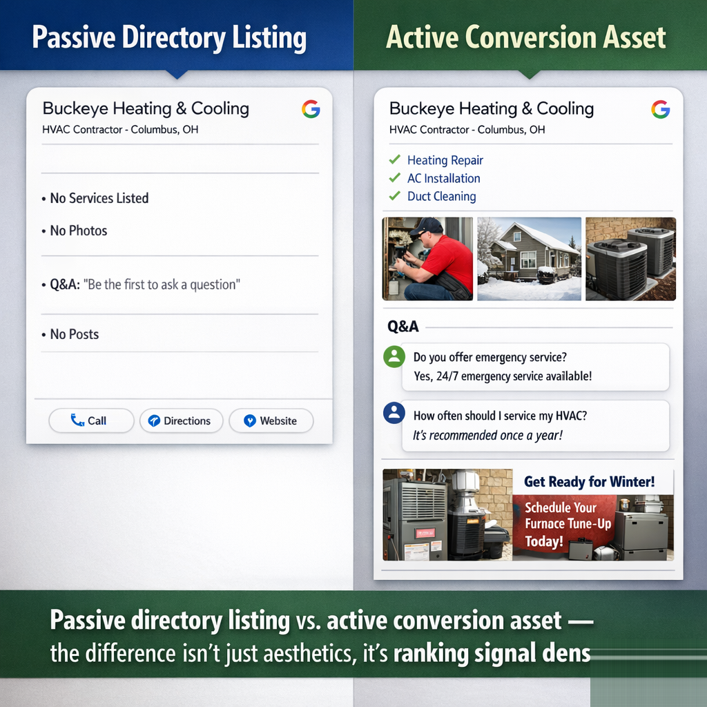 A side-by-side comparison screenshot concept showing two versions of a Google Business Profile for an Ohio HVAC company — the left profile shows an incomplete GBP with missing service descriptions, no photos, empty Q&A, and no recent posts; the right profile shows a fully optimized version with detailed service listings, project photos taken in Ohio contexts, active Q&A with seeded responses, and a recent seasonal post about furnace tune-up services. Caption: "Passive directory listing vs. active conversion asset — the difference isn't just aesthetics, it's ranking signal density."