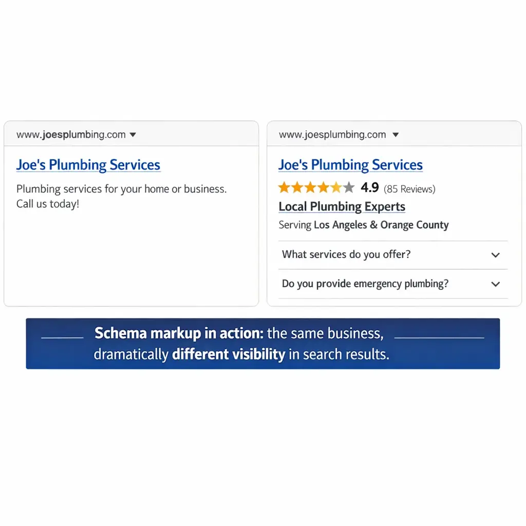 A clean side-by-side screenshot comparison showing two versions of the same Google search result — one displaying a plain blue link with generic description, and the other showing an enhanced result with star rating, FAQ dropdown entries, and a clear service area callout. Caption reads: "Schema markup in action: the same business, dramatically different visibility in search results."