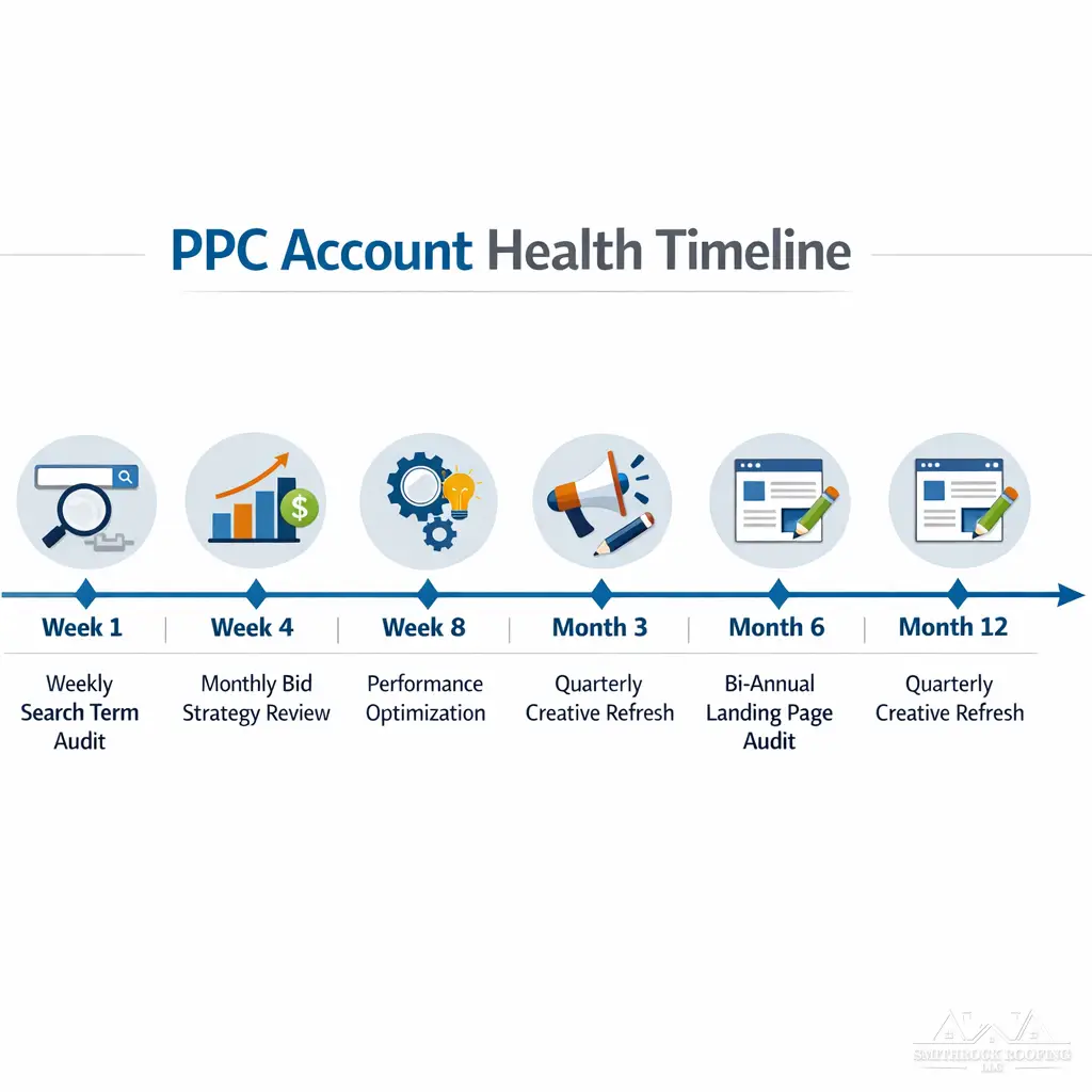 A clean, professional diagram showing the "PPC Account Health Timeline" — a horizontal timeline spanning 12 months with labeled markers at weeks 1, 4, 8, 12, and quarterly intervals, showing the types of management reviews conducted at each stage (weekly search term audit, monthly bid strategy review, quarterly creative refresh, bi-annual landing page alignment audit). The visual style should be consistent with a digital agency's client-facing reporting material — clear, data-oriented, and professional.