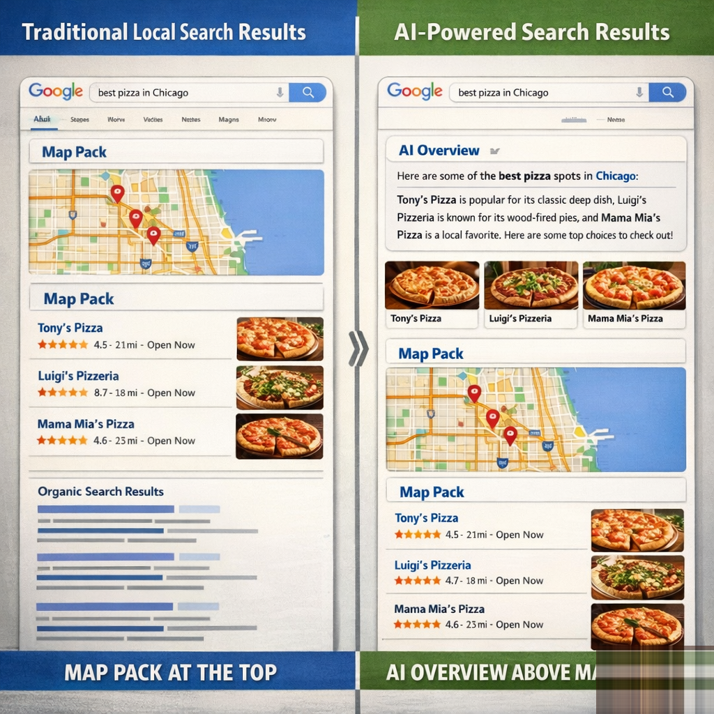 Split-screen comparing traditional Google Map Pack results with a modern AI Overview panel pushing local search results down