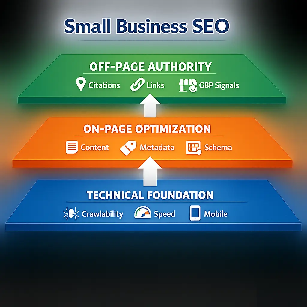 A clean, horizontal flowchart graphic showing the three interconnected layers of small business SEO — Technical Foundation (bottom layer, labeled with crawlability, speed, mobile), On-Page Optimization (middle layer, labeled with content, metadata, schema), and Off-Page Authority (top layer, labeled with citations, links, GBP signals) — with upward arrows connecting each layer, representing how each builds on the one below it.