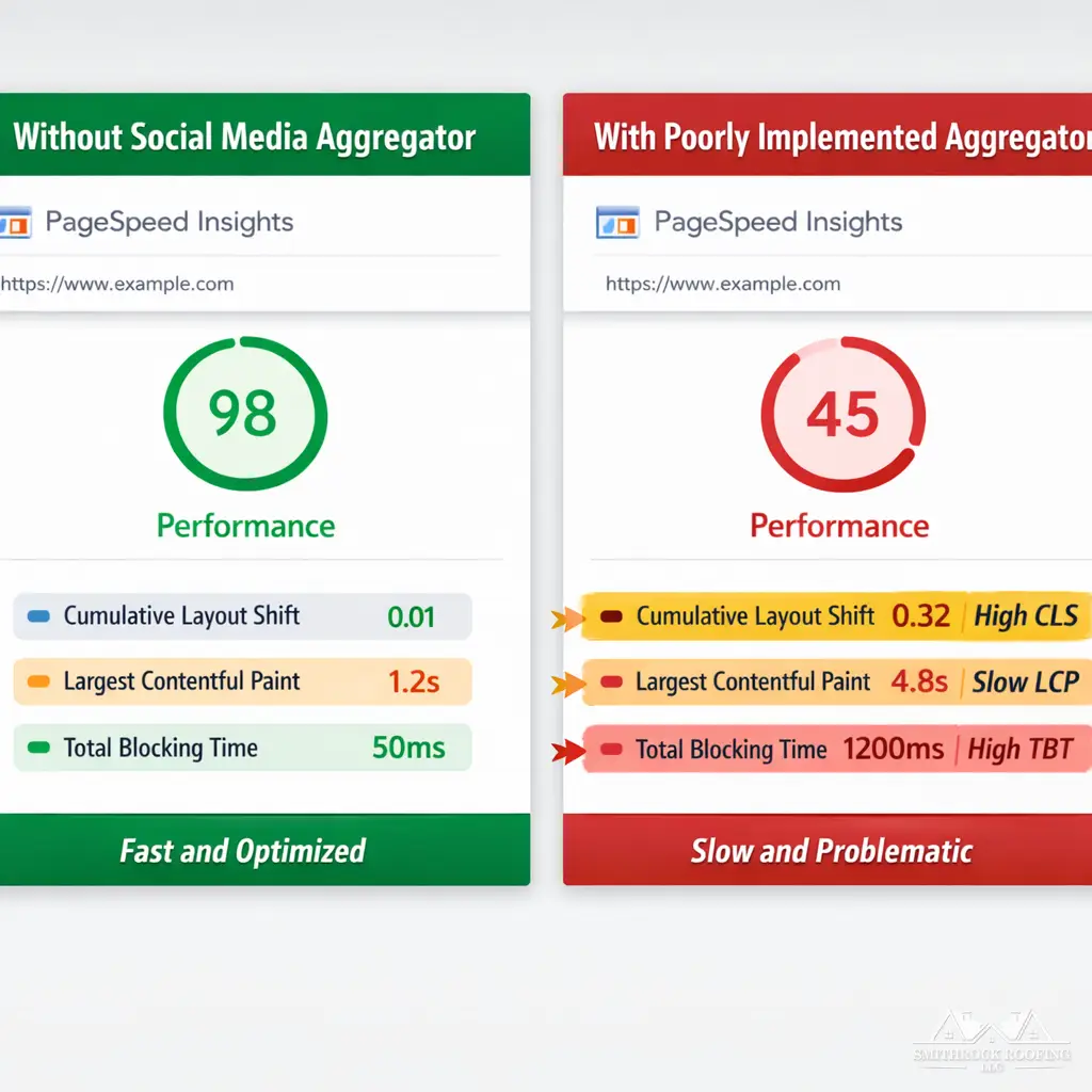 A side-by-side comparison screenshot mockup showing two versions of a webpage in Google PageSpeed Insights — one without a social media aggregator widget (showing a high performance score) and one with a poorly implemented widget (showing degraded CLS and LCP scores with highlighted diagnostics). Labels should identify the specific metrics affected: Cumulative Layout Shift, Largest Contentful Paint, and Total Blocking Time.