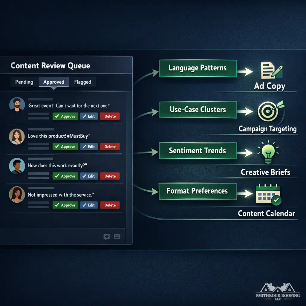 "A clean, split-view diagram showing a content review queue interface (a moderation queue panel used in social media management software) on the left side and four intelligence output categories flowing out to the right — Language Patterns, Use-Case Clusters, Sentiment Trends, and Format Preferences — each connected by directional arrows to downstream marketing activities (ad copy, campaign targeting, creative briefs, content calendars). Visual style should be modern and data-dashboard-inspired, using a dark navy and green color palette consistent with professional digital marketing branding."