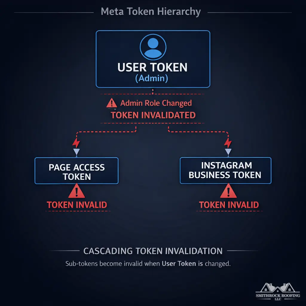 A technical diagram showing the Meta token hierarchy — User Token at the top, branching down to Page Access Token and Instagram Business Token, with arrows indicating how an admin role change at the User Token level triggers cascading invalidation to all dependent tokens. Use a clean, dark-background technical style with clear node labels and failure-state indicators in red.