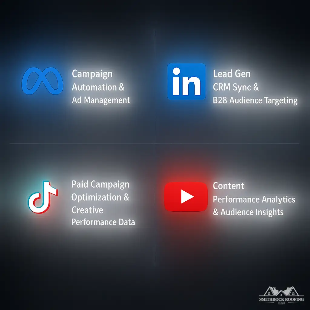 A clean comparison graphic showing four platform logos (Meta, LinkedIn, TikTok, YouTube) arranged in a grid, each with a brief callout of its primary marketing API strength — Meta: campaign automation and ad management; LinkedIn: lead gen form CRM sync and B2B audience targeting; TikTok: paid campaign optimization and creative performance data; YouTube: content performance analytics and audience insights. The visual should use a dark background with clear iconography and concise text labels.
