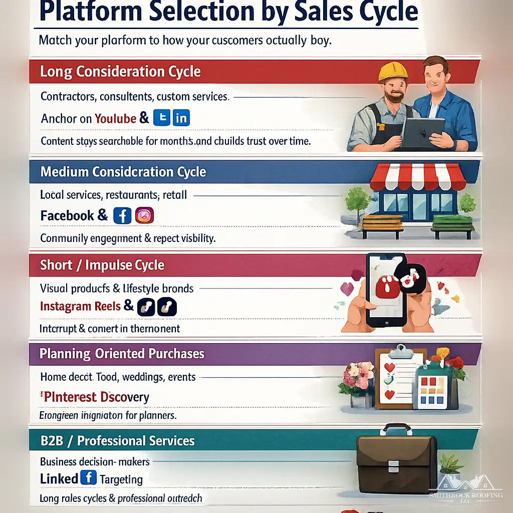 type=infographic; title="Platform Selection by Sales Cycle"; subtitle="Match your platform to how your customers actually buy"; item1_title="Long Consideration Cycle"; item1_body="Contractors, consultants, custom services — anchor on YouTube and LinkedIn. Content stays searchable for months and builds trust over time."; item2_title="Medium Consideration Cycle"; item2_body="Local services, restaurants, retail — Facebook and Instagram support community engagement and repeat visibility through consistent presence."; item3_title="Short / Impulse Cycle"; item4_body="Visual products and lifestyle brands drive fast decisions — Instagram Reels and TikTok interrupt and convert in the moment."; item4_title="Planning-Oriented Purchases"; item4_body="Home decor, food, events, weddings — Pinterest delivers evergreen discovery for audiences actively in planning mode."; item5_title="B2B / Professional Services"; item5_body="LinkedIn remains the primary platform for reaching business decision-makers with long sales cycles and professional buying criteria."; footer="Mongoose Digital Marketing"