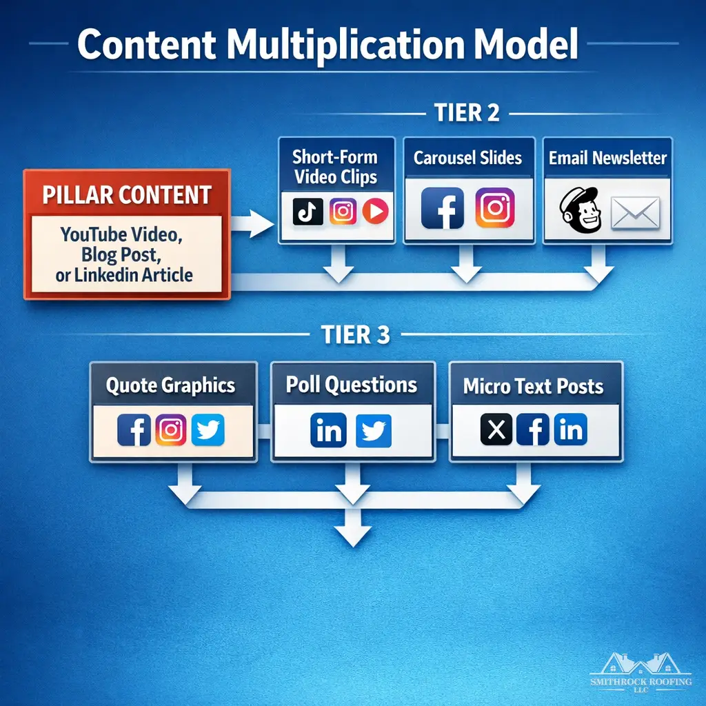 A clean horizontal diagram showing the content multiplication model — a single "Pillar Content" block on the left (labeled as YouTube video, blog post, or LinkedIn article) with arrows branching right into three tiers: Tier 2 showing short-form video clips, carousel slides, and email newsletter; Tier 3 showing quote graphics, poll questions, and micro-text posts. Each block is labeled with the platform it maps to. The overall visual communicates one creative input producing multiple distribution outputs.