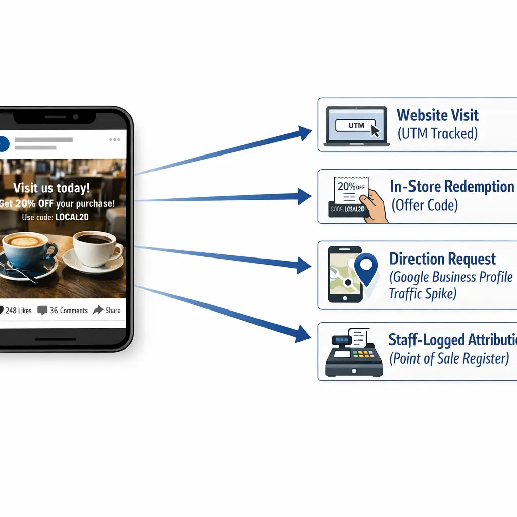 Rewritten description:
“A split-view diagram showing a social media post on the left connected by four labeled arrows to four business outcomes on the right: ‘Website Visit (UTM tracked),’ ‘In-Store Redemption (offer code),’ ‘Direction Request (Google Business Profile traffic spike),’ and ‘Staff-Logged Attribution (point of sale register).’ The visual should convey that a single social post can be tracked through multiple offline measurement pathways, and the overall design should feel structured and analytical rather than decorative.”