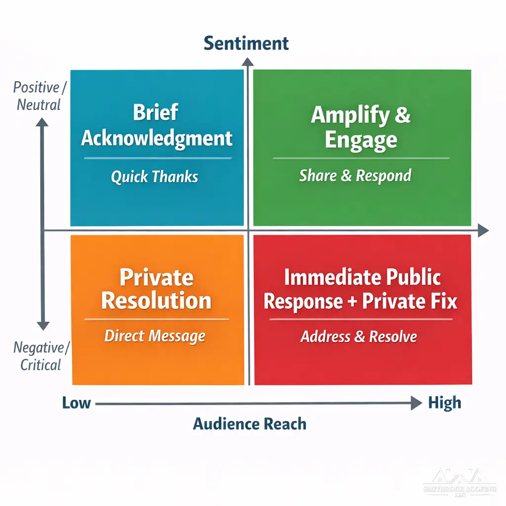A clean 2x2 matrix graphic showing the four response quadrants. The horizontal axis is labeled "Audience Reach" (Low on left, High on right). The vertical axis is labeled "Sentiment" (Positive/Neutral at top, Negative/Critical at bottom). Each quadrant contains the quadrant name and the core action: top-left "Brief Acknowledgment," top-right "Amplify and Engage," bottom-left "Private Resolution," bottom-right "Immediate Public Response + Private Fix."