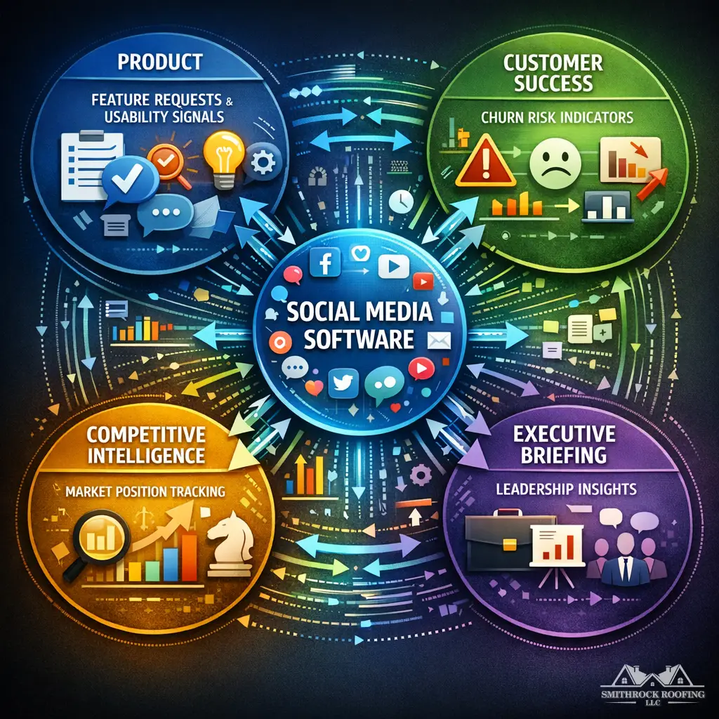 A diagram showing social media data flowing outward from a central social media software hub into four distinct business function nodes: Product (capturing feature requests and usability signals), Customer Success (surfacing churn risk indicators), Competitive Intelligence (tracking market positioning shifts), and Executive Briefing (summarizing market signals for leadership decisions). Arrows should indicate bidirectional data flow where relevant, illustrating that this is an intelligence architecture, not a one-way reporting pipeline.