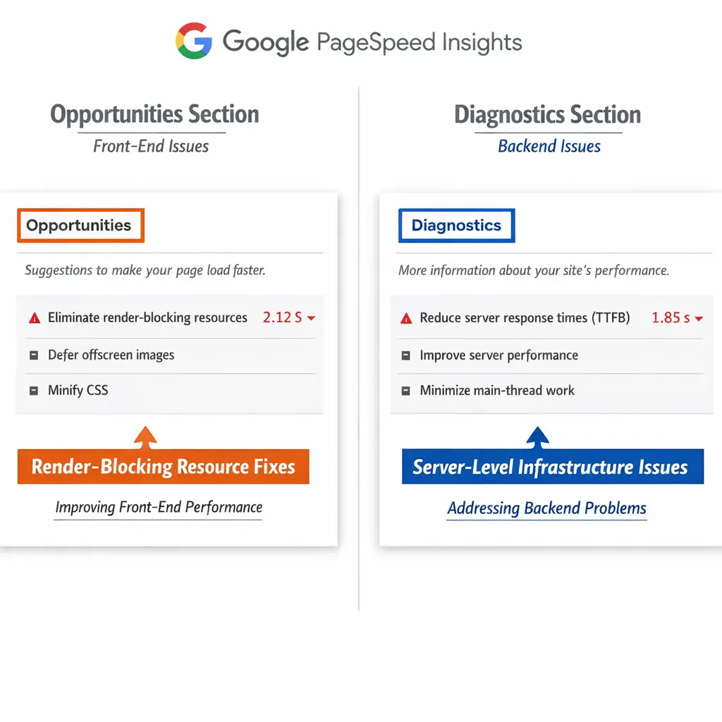 PageSpeed Insights Opportunities vs Diagnostics sections annotated for a technical SEO audit comparison.