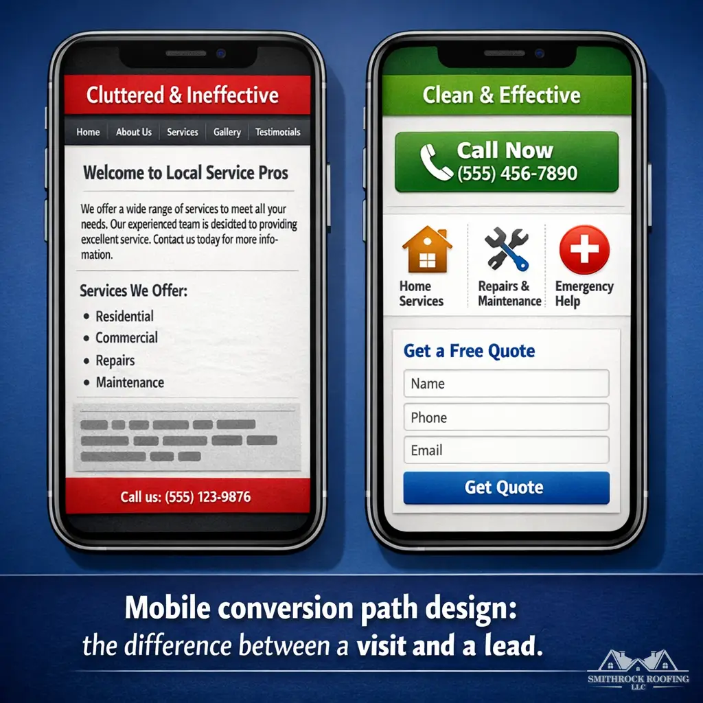 A side-by-side screenshot comparison of two mobile website layouts for a fictional local service business. The left layout shows a cluttered mobile page with a small phone number buried below the fold, dense text blocks, and a navigation menu that requires scrolling. The right layout shows a clean mobile-first design with a prominent click-to-call button above the fold, clear service categories, and a simple contact form with minimal fields. Caption: "Mobile conversion path design: the difference between a visit and a lead."