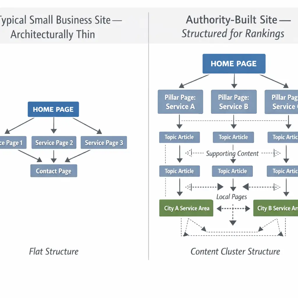 A side-by-side comparison visual showing two website architecture diagrams: on the left, a flat structure with a homepage linking only to service pages and a contact page (labeled "Typical Small Business Site — Architecturally Thin"); on the right, a content cluster structure with a homepage, pillar service pages, supporting topic pages, location-specific service area pages, and internal cross-links (labeled "Authority-Built Site — Structured for Rankings"). Use clean line diagrams with labeled nodes and directional arrows.