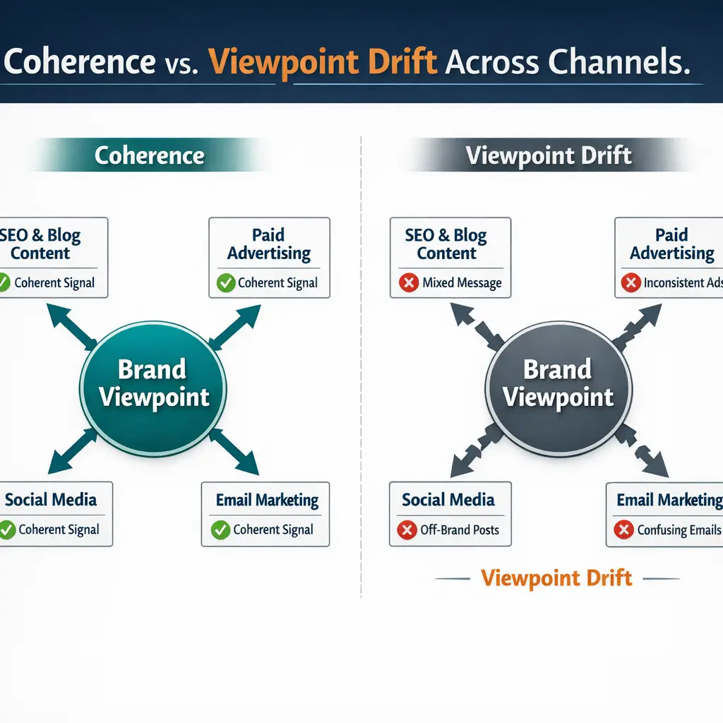 A clean diagram showing a central circle labeled "Brand Viewpoint" with four arrows pointing outward to four labeled boxes: "SEO & Blog Content," "Paid Advertising," "Social Media," and "Email Marketing." Each box contains a small checkmark icon labeled "Coherent Signal." A second version of the same diagram shows the same structure, but the arrows are broken and the boxes are labeled with small X icons and the caption "Viewpoint Drift." The two versions are shown side by side under a header that reads "Coherence vs. Viewpoint Drift Across Channels."