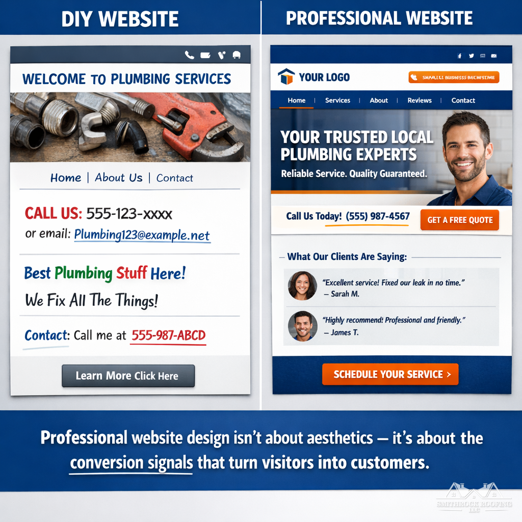 A clean split-screen comparison graphic showing two versions of a small business's digital presence side by side. On the left, a basic DIY website with mismatched fonts, a generic stock photo header, no visible trust signals, and inconsistent contact information. On the right, a professionally designed website for the same type of business, featuring clear value proposition copy, a visible testimonial section with named reviews, structured navigation, a prominent and specific call to action, and consistent branding. The caption reads: "Professional website design isn't about aesthetics — it's about the conversion signals that turn visitors into customers."