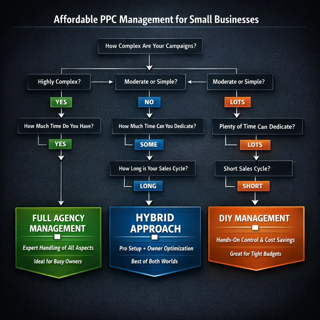 Flowchart comparing three affordable PPC management models for small businesses: full agency, hybrid, and DIY, with decision 