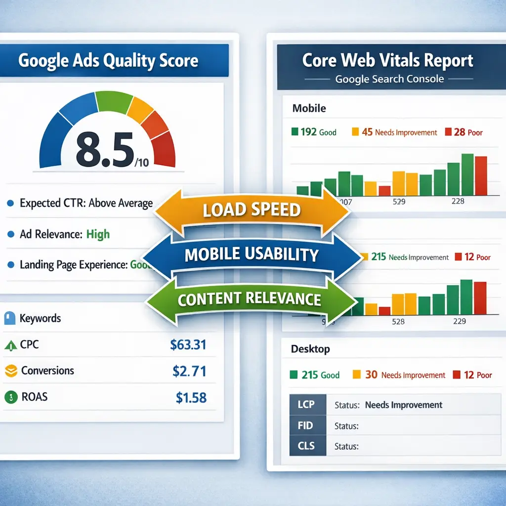 Split-screen of Google Ads Quality Score and Core Web Vitals reports showing shared page signals where PPC and SEO work toget