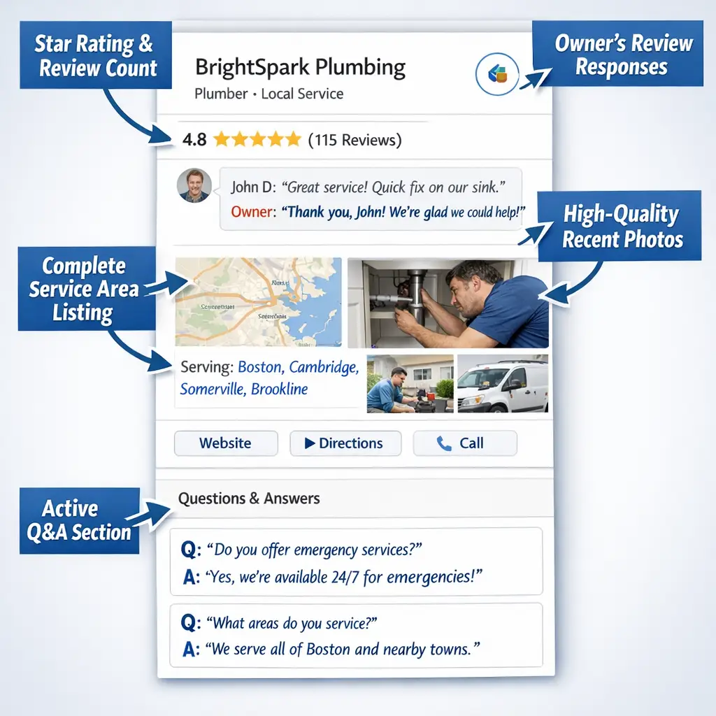 Annotated Google Business Profile screenshot highlighting star ratings, owner responses, service areas, photos, and Q&A for l