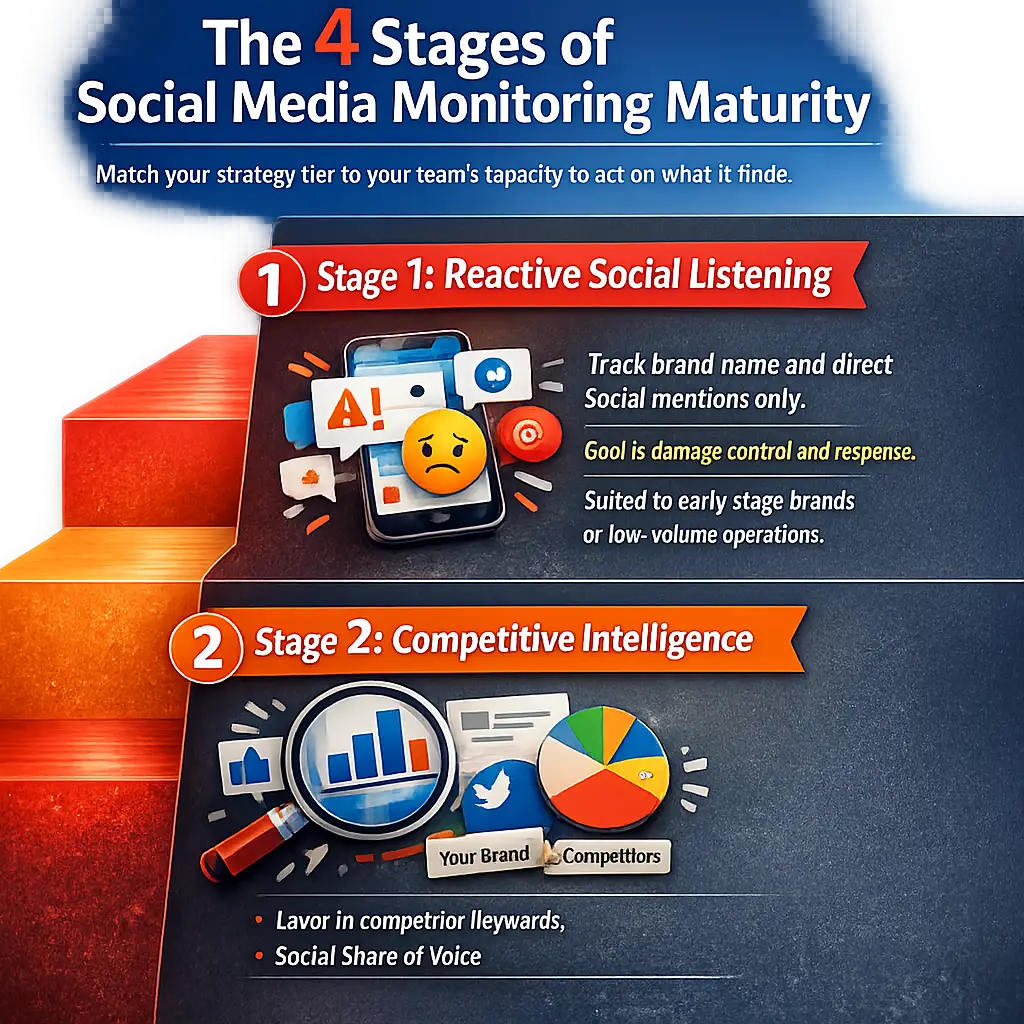 Infographic showing 4 stages of social media monitoring maturity to help teams choose the right strategy tier for their capac