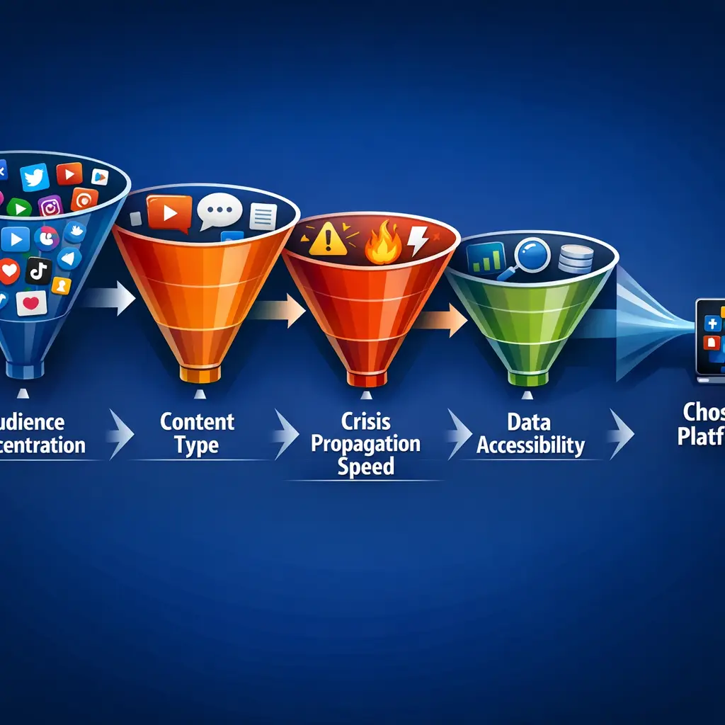 Funnel diagram showing four sequential filters for social media monitoring strategy platform selection: audience, content, cr