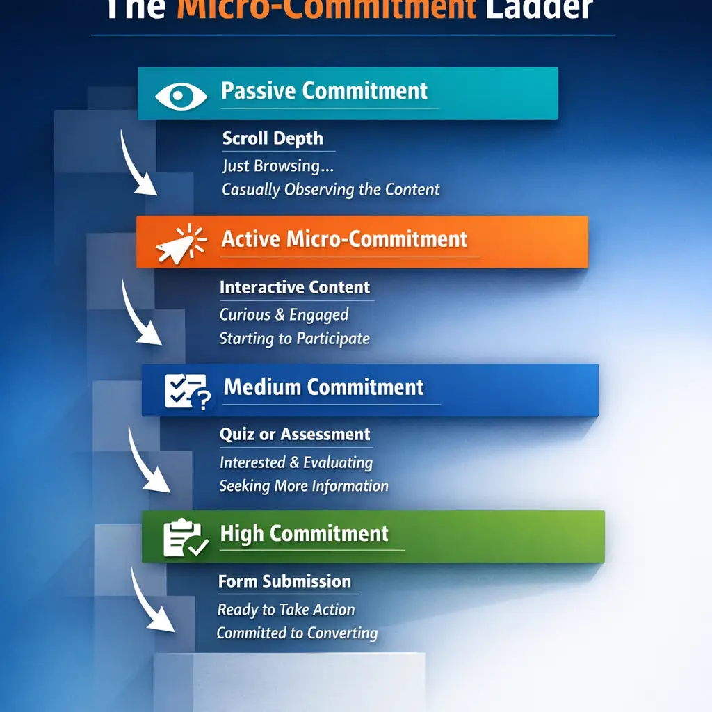 A clean, vertical flowchart diagram showing the four rungs of the micro-commitment ladder — Passive Commitment (scroll depth), Active Micro-Commitment (interactive content), Medium Commitment (quiz or assessment), and High Commitment (form submission) — with brief annotations at each stage describing the psychological shift occurring. The visual should use Mongoose Digital Marketing's brand colors and reflect a professional, modern design aesthetic appropriate for a B2B digital marketing context.